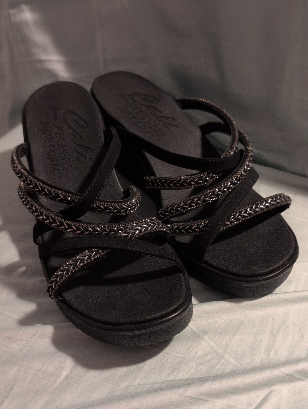 Skechers Women's Black Braided Multi-Strap Slide Sandal
